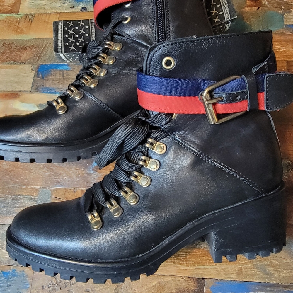 Steve Madden Black and Red Combat Boots with Rugged Sole
